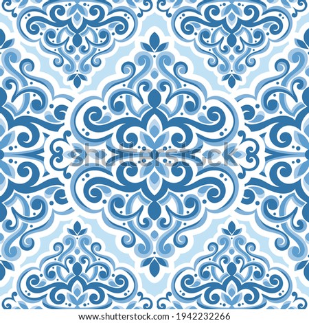 Blue and white damask vector seamless pattern. Vintage, paisley elements. Traditional, Turkish motifs. Great for fabric and textile, wallpaper, packaging or any desired idea.