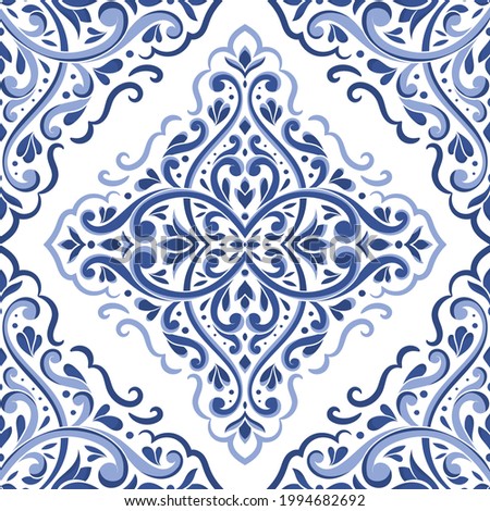 Blue and white damask vector seamless pattern. Vintage, paisley elements. Traditional, Turkish motifs. Great for fabric and textile, wallpaper, packaging or any desired idea.