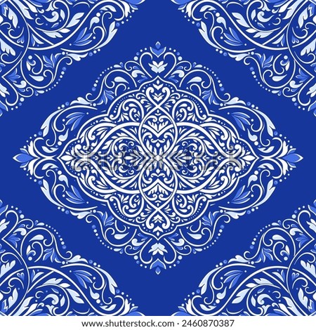 Blue and white damask vector seamless pattern. Vintage, paisley elements. Traditional, Turkish motifs. Great for fabric and textile, wallpaper, packaging or any desired idea.