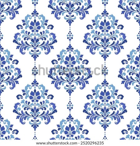 Blue and white damask vector seamless pattern. Vintage, paisley elements. Traditional, Turkish motifs. Great for fabric and textile, wallpaper, packaging or any desired idea.