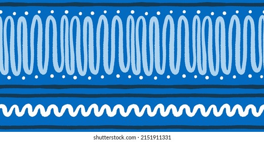  Blue and white decorative seamless pattern with wavy lines for Mediterranean style textile print. Folk art inspired border vector design.