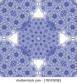 Blue white delicate openwork geometric floral seamless pattern vector fashionable graphic design for textile print, ethnic batik, cloth fabric.