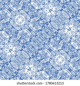 Blauweiße, dichte, nahtlose Muster, Vektordesign. Kompliziertes, kompliziertes, zerrissenes Ornament. Bushy, würzige Textur nahtlose Muster.