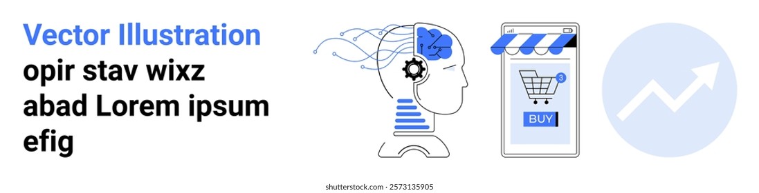 Blue and white design with AI brain, gears, smartphone shopping cart, and growth arrow. Ideal for e-commerce, AI technology, online shopping, digital marketing, and business growth. Banner