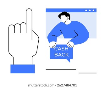 Blue and white design with a hand gesture pointing up and a man holding a cashback sign. Ideal for financial services, online shopping, rewards programs, digital marketing, user interaction
