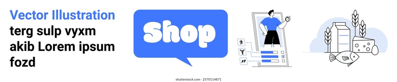 Blue and white design with the word Shop. Includes a person holding a clipboard and food items like milk, cheese, and wheat. Ideal for e-commerce, retail, shopping, online stores, and groceries