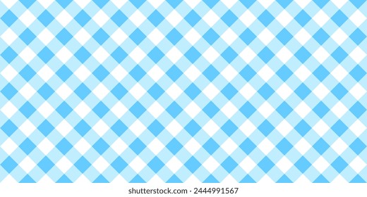 Patrón de gingham diagonal azul y blanco. Mantel, mantel de picnic, servilleta de cesta, toalla o estampado de pañuelo. Diseño textil de algodón, lino o franela. Fondo a cuadros. Ilustración plana de Vector.