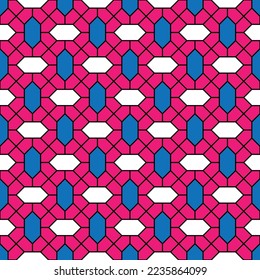 Blau-weißer Diamantform und Diagonallinienmuster auf rosafarbenem Hintergrund. Verbundene diagonale Linie und sechseckige Form. Mehrfarbiges Gittermuster auf rosafarbenem Hintergrund.