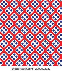 Blue and white dice pattern on red background. Diagonal rounded square and dots pattern on red backdrop. Modern abstract pattern art.