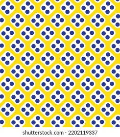 Blue and white dice pattern on yellow background. Diagonal rounded square and dots pattern on yellow backdrop. Modern abstract pattern art.