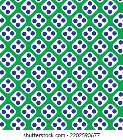 Blue and white dice pattern on green background. Diagonal rounded square and dots pattern on green backdrop. Modern abstract pattern art.