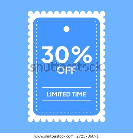 A blue and white discount coupon tag showing thirty percent off