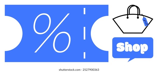 Blue and white discount voucher with a large percentage symbol and a shopping bag with a price tag above the word shop. Ideal for retail promotions sales marketing and e-commerce campaigns