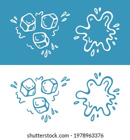 Blue White Doodle Ice Cubes and Splash of Water or Milk in Blot Shape with Splashes Drops Vector Illustration