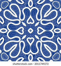 El doodle azul y blanco es transparente. Fondo de Mandala de línea dibujada a mano. Dibujo de boceto de arte. Textura de encaje de moda para tela textil, papel impreso. Decoración étnica ornamental para chales, bufanda, hijab