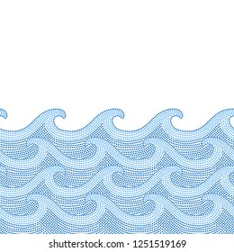 Blue and white doted ocean waves seamless border, vector