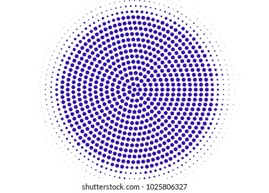 Blue white dotted halftone. Centered circle dotted gradient. Half tone vector background. Abstract futuristic texture. Violet ink dot on transparent backdrop. Modern pop art design template