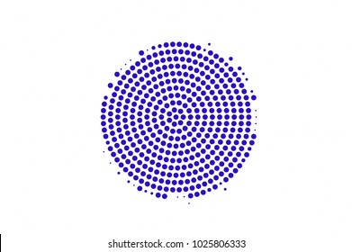 Blue white dotted halftone. Centered spot dotted gradient. Half tone vector background. Abstract futuristic texture. Violet ink dot on transparent backdrop. Modern pop art design template