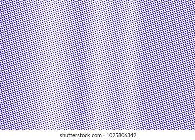 Blue white dotted halftone. Vertical frequent dotted gradient. Half tone vector background. Abstract futuristic texture. Violet ink dot on transparent backdrop. Modern pop art design template