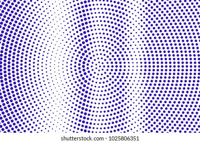 Blue white dotted halftone. Vertical centered dotted gradient. Half tone vector background. Abstract futuristic texture. Violet ink dot on transparent backdrop. Modern pop art design template