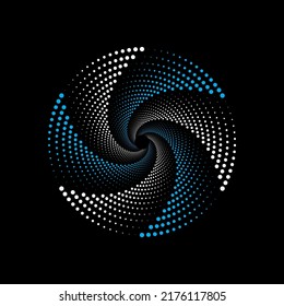 Blue and white dotted swirl circle on a black background. Vector illustration of multicolor dots spiral vortex.