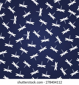 Blue & White Dragonfly seamless vector background. Inspired by traditional Japanese patterns. Use for textiles, interior & pillow decoration, wrapping paper, linens, cards, backdrops. Layered editable