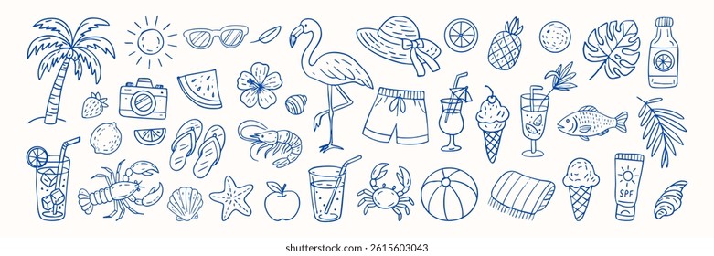 A blue and white drawing of a beach scene with various items such as a flamingo, a camera, a cup, a bottle, a hat, a ball, and a fish