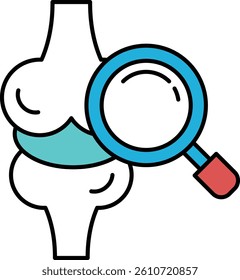 A blue and white drawing of a bone with a magnifying glass on it. The bone is shown in a close up, with the magnifying glass hovering over it. The drawing conveys a sense of curiosity and exploration