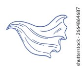 A blue and white drawing of a cape with a wave. The cape is flowing and the wave is crashing