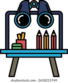 A blue and white drawing of a desk with a pair of binoculars on it. The binoculars are looking at a table with a pencil holder, a cup, and a book. The pencil holder has a red and green pencils