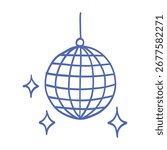 A blue and white drawing of a disco ball with stars around it. The drawing is of a small, stylized disco ball with a blue and white color scheme. The stars around the ball give it a festive