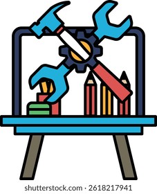 A blue and white drawing of a toolbox with a hammer, screwdriver, and wrench. The drawing also includes a pencil and a pair of scissors. Concept of a workspace or a workshop