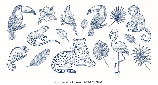 A blue and white drawing of various animals including a cheetah, a flamingo, a monkey, and a bird