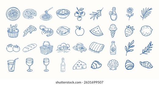 A blue and white drawing of various food items, including a wine glass, a bottle, and a bowl