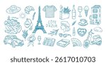 A blue and white drawing of various items including a car, a scooter, a vase, a bottle, a cup, a book, a hat, a bottle of wine, a glass, a bowl, a spoon, a fork, a