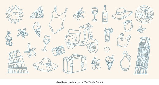 A blue and white drawing of various items including a scooter, a bottle of wine, a pizza, a hat, a suitcase, and a bottle of water