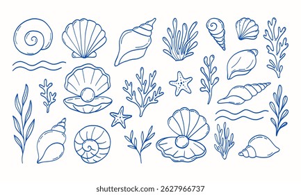 A blue and white drawing of various sea creatures including shells, starfish, and seaweed. The drawing conveys a sense of the ocean and its inhabitants