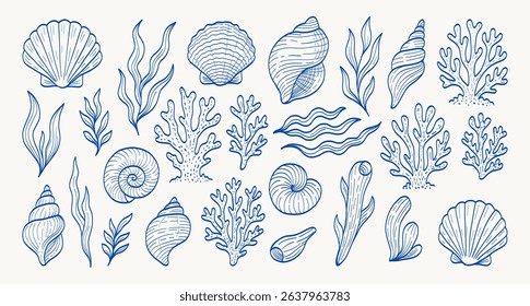 A blue and white drawing of various sea creatures including shells, seaweed, and coral. The drawing has a calming and serene mood, with the blue and white colors creating a sense of tranquility