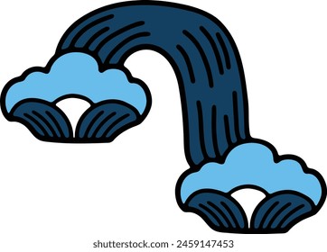 A blue and white drawing of a waterfall with clouds in the background. The drawing is of a cartoonish style and has a whimsical, playful feel to it