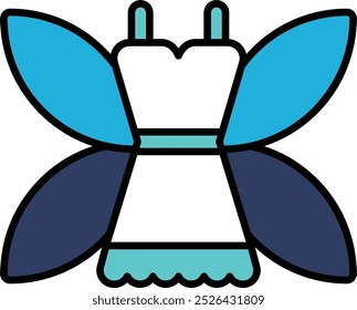 Se muestra un vestido azul y blanco con un diseño de mariposa. El vestido está adornado con un patrón de mariposa, dándole un aspecto caprichoso y juguetón. Los colores azul y blanco crean una armonía