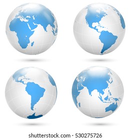 Blue-White-Earth-Globus-Symbol, Vektorset. Globale Weltkarten-Schilder einzeln auf weißem Hintergrund. 