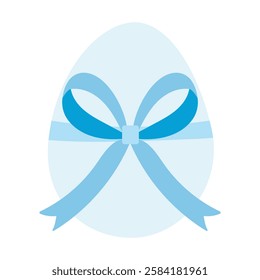 A blue and white egg with a bow around it. The egg is a symbol of new life and the bow represents the ribbon of love and celebration
