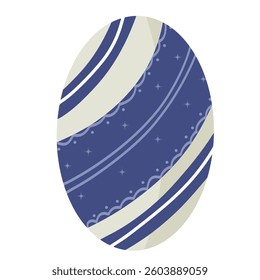 A blue and white egg with a white stripe. The egg is decorated with stars and has a blue and white pattern