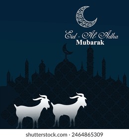 Blue and white eid mubarak design Eid Al Adha mubarak Islamic elegant festival Greeting card with sacrificial Goat or camel and crescent on cloudy night background. Eid Mubarak theme.