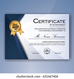 Blue and white elegant certificate of achievement template background. vector illustration