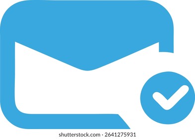 A blue and white email icon with a check mark in the bottom right corner, isolated on a white background