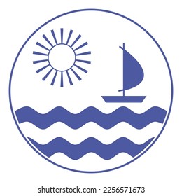 Blue and white emblem with small boat rocking on ocean waves and radiant sun in sky. Sailboat silhouette. Round nautical print. Neptunian symbol, nautical design. Sea cruise, sailing trip or vacation.