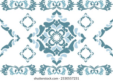 Blue and white embroidery, motif ethnic ikat seamless textile illustration, print striped ornament, pattern, design for wrapping, silk, scarf, clothing, background, textile, carpets, curtains.