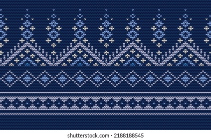 Blue and White Embroidery Pattern, Knitted Classic Background, Vector Ethnic Continuous abstract, Aztec Antique seamless