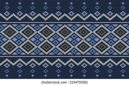 Blue and White Embroidery Pattern, Knitted Style Background, Vector Textile Diagonal retro, Cloth Classic retro